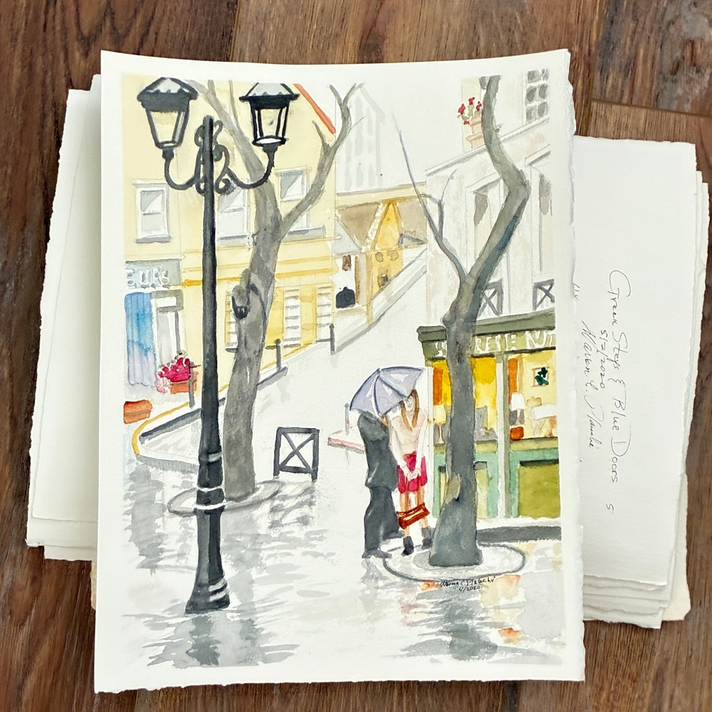 Rainy Paris Street Scene Signed Warren C Plauche Original Watercolor Painting